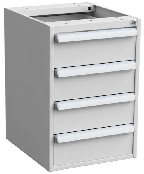 The image shows a modern, gray drawer cabinet with four horizontal drawers and smooth, silver handles. The cabinet has an open top.