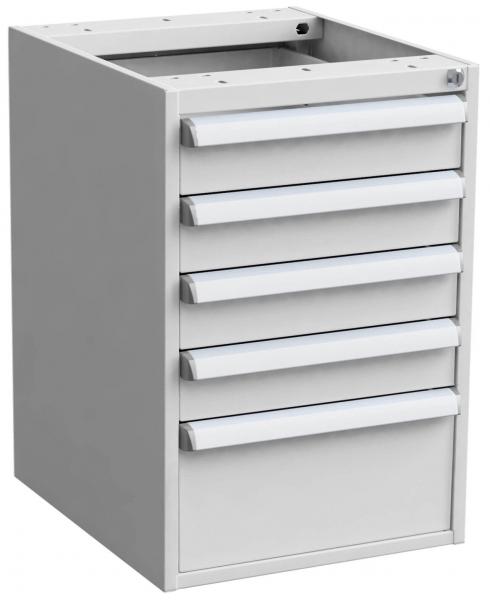 The image shows a gray cabinet with six drawers. The drawers have white handles and are arranged in two groups, with the top one missing. It features a minimalist design.