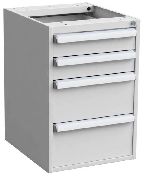 The image shows a gray cabinet with four drawers. The drawers have flat, wide handles and are evenly arranged. The upper part is open and provides space for additional storage.