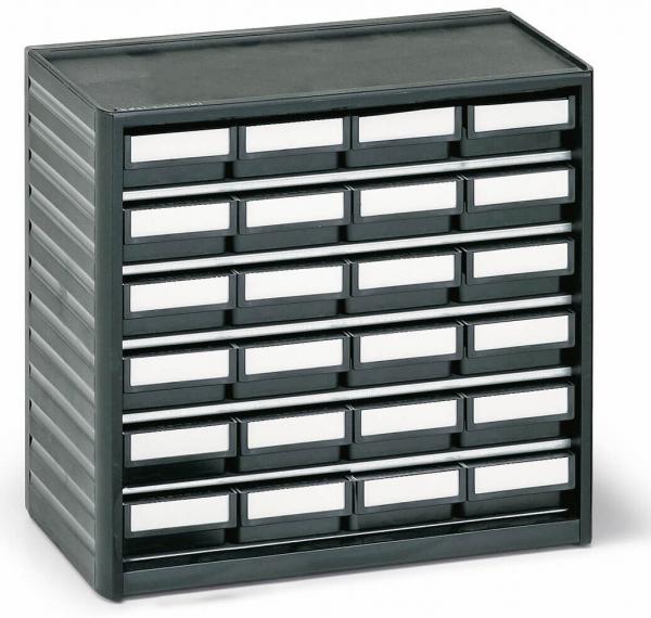 Das Bild zeigt eine kompakten, dunklen Aufbewahrungsbox mit mehreren Schubladen. Diese sind in zwei Reihen angeordnet und haben weiße Beschriftungsflächen auf der Vorderseite.