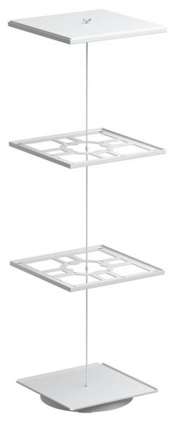 Das Bild zeigt ein modernes, freistehendes Regal mit drei quadratischen, weißen Ablagen, die durch eine schlanke Stange verbunden sind. Die Ablagen sind minimalistisch gestaltet.