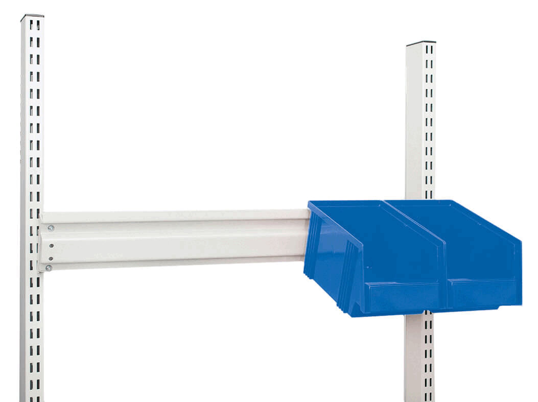 The image shows a shelving system with a white metal frame. A horizontal support holds a blue storage box with two compartments. This is practical for organization.