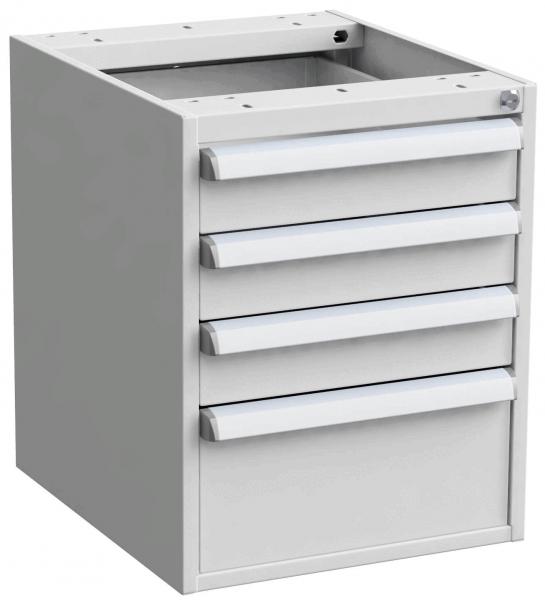 The image shows a gray chest of drawers with five drawers. The top is open, and the drawers are arranged horizontally. It is simple and functional.