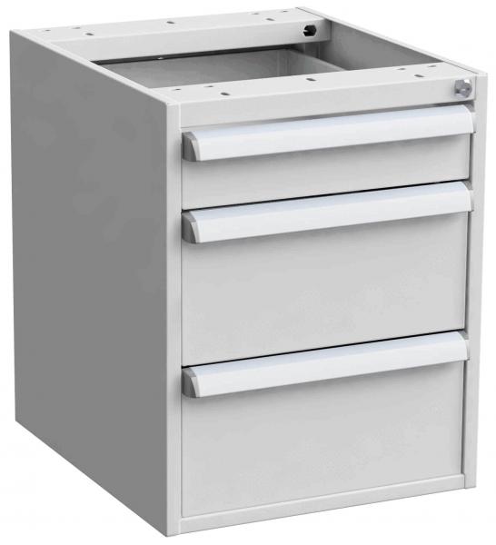 The image shows a white chest of drawers. It has three horizontally arranged drawers and an open top that provides space for additional storage.