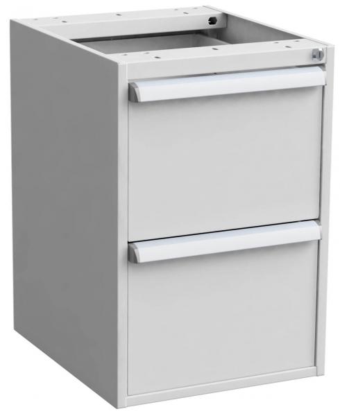 Das Bild zeigt einen schlichten, weißen Aktenschrank mit zwei Schubladen. Die Schubladen sind mit silbernen Griffen ausgestattet und der Schrank hat eine offene Oberseite.