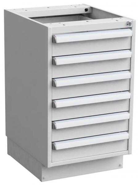 Das Bild zeigt einen grauen Schrank mit sieben Schubladen. Die Schubladen haben klare, flache Griffe. Oben ist der Schrank offen und hat keinen Deckel.