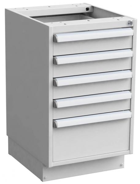 Das Bild zeigt einen kompakten, weißen Schubladenschrank mit fünf Schubladen. Er hat eine offene Oberseite und eine gerade, einfache Form, ideal für Stauraum.