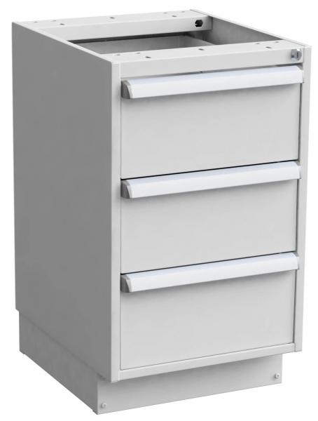 The image shows a white kitchen cabinet with three drawers. It has a smooth surface and an open top area suitable for a countertop. The drawers feature simple, straight handles.