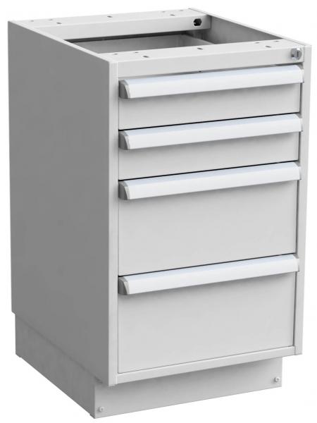 The image shows a simple, white cabinet with four drawers. It has an open top and is often used in offices or workshops. The drawers have metal handles.