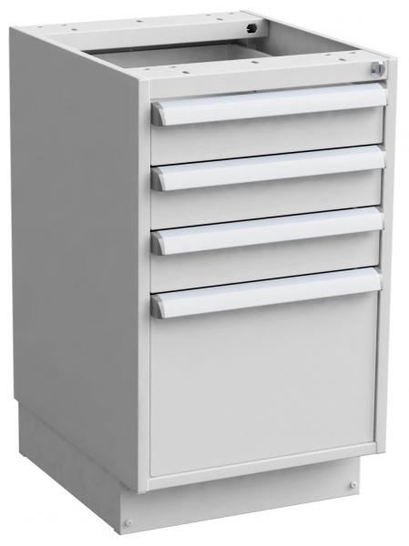 The image shows a gray, simple cabinet with four drawers in the middle and a door at the bottom. The top is open and has a pre-drilled hole.