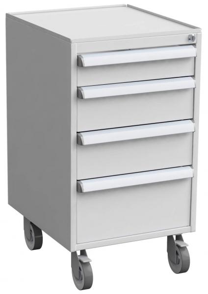 The object in question is a gray rolling cabinet with four drawers. It has rounded edges and four wheels at the bottom, making it mobile. Ideal for office supplies.