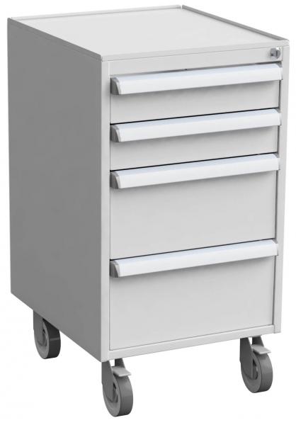 Der Schreibtischrollcontainer ist grau, hat vier Schubladen mit silbernen Griffen und steht auf vier Rollen. Die Oberfläche ist flach und glatt, geeignet für Ablage.