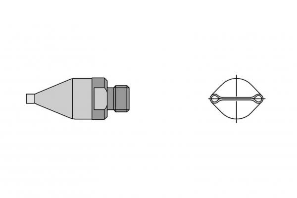 Das Bild zeigt eine technische Zeichnung eines Objekts aus zwei Perspektiven: von der Seite mit konischer Form und von oben in ovaler Form. Es ist neutral in Grautönen gehalten.