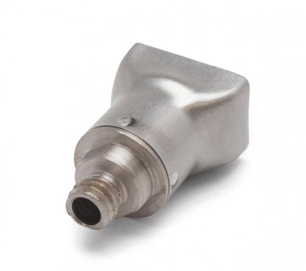 The image shows a metallic part that looks like a nozzle attachment. It has an angular shape with a round end that features a thread. The surface is shiny and smooth.