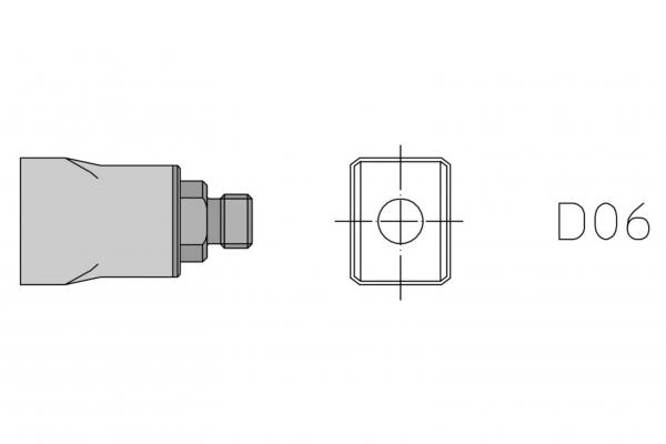 The image displays a technical drawing of an object. On the left, there is a side view featuring a narrow, rectangular body with a threaded eyelet. On the right, the top view is shown, which is square with a central hole. To the right of the object, the label "D06" is indicated.