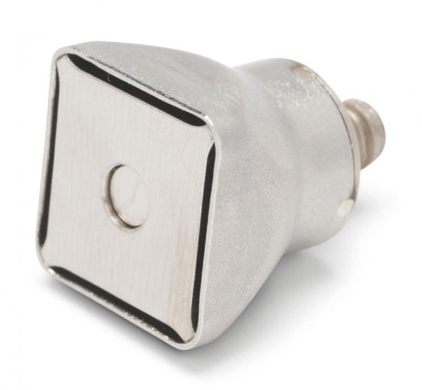 The image shows a silver, square metal attachment with a slightly curved underside. The top has a square surface with a small, round indentation in the center.