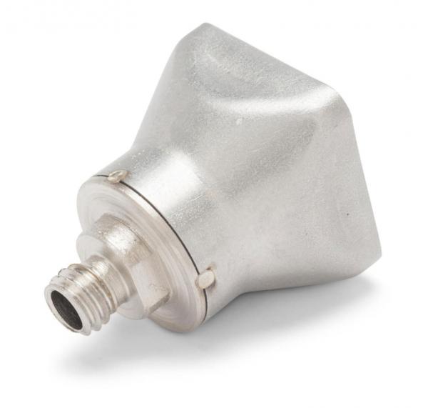 The image shows a metallic, smooth object with a triangular base that is curved upwards. There is a threaded connection at the bottom. The surface is shiny.