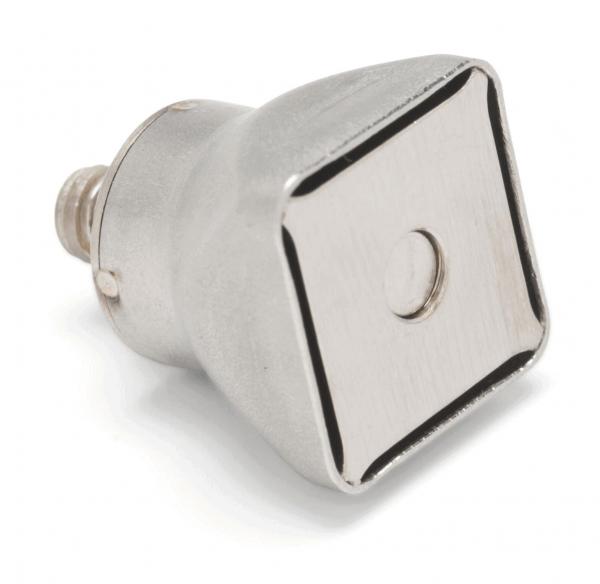 The image shows a silver, square lamp adapter. It has a smooth, metallic surface and a standardized threaded base for screwing into a socket.