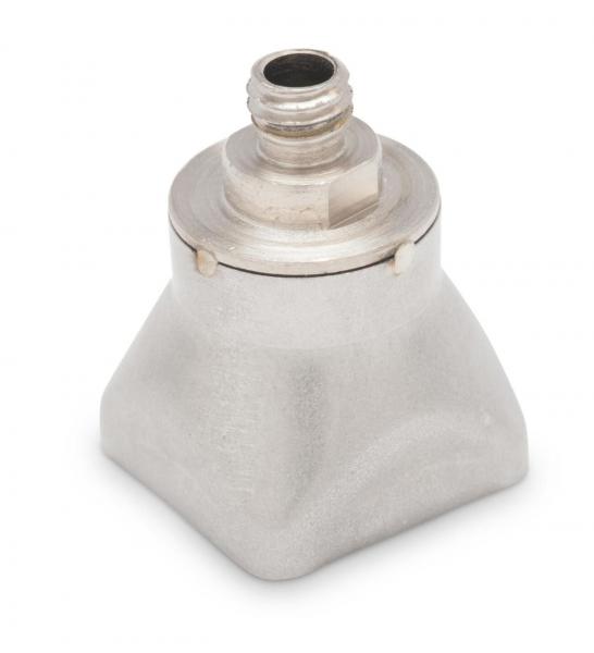 The image displays a silver-colored lamp base with a square base and a threaded top. The surface is smooth, and the body is slightly curved.