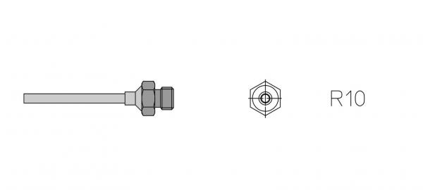 The image shows a technical drawing of a component: a cylindrical pin with a nut on one side and a hexagonal base marked "R10".