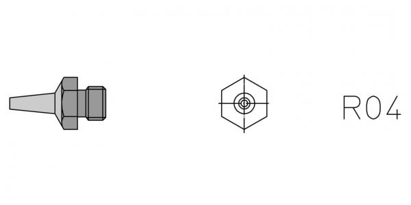 The image shows a technical drawing of a component. On the left is a pointed element with a hexagonal head. On the right is the label "R04".