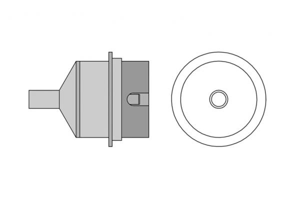 Das Bild zeigt ein einfaches technisches Bauteil. Von der Seite betrachtet hat es eine konische Form mit einer flachen Basis, und von oben ist es rund mit einem zentralen Loch.