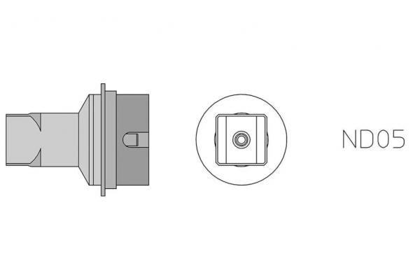 The image displays a technical drawing of a component. On the left is a side view, and on the right a top view with the label "ND05" in the center.