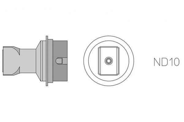 The image displays a technical drawing. On the left is a cylindrical object with an opening. On the right, a circular area marked "ND10". Both elements are simple and depicted in shades of gray.