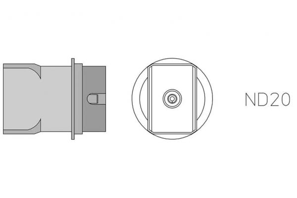 The image shows a technical drawing of a component. On the left is the side view, on the right the top view with the inscription "ND20". It is simple and schematic.