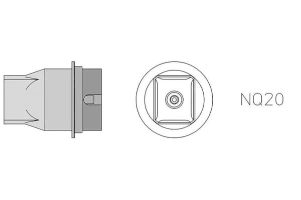 The image shows a technical component, from the side and from above. It has a cylindrical shape with a square opening. Next to the component is the designation "NQ20".