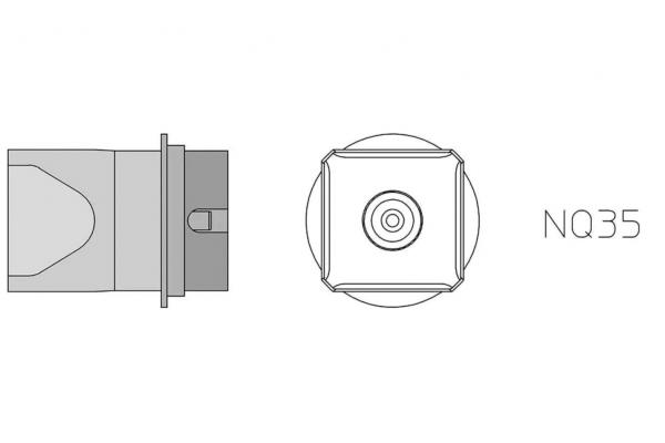 The image shows a technical drawing of a smaller object, possibly a sensor or a camera. There are views from the side and from above, labeled "NQ35".