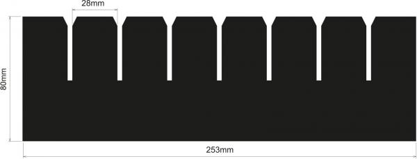 Das Bild zeigt eine Rechteckform mit abwechselnd hohen und niedrigen Zacken an der Oberkante. Die Breite beträgt 253 mm, die Höhe 80 mm, und die Zacken sind 28 mm hoch.