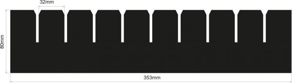 Das Bild zeigt eine schwarze, rechteckige Fläche mit gleichmäßig verteilten, rechteckigen Ausschnitten an der Oberkante. Die Abmessungen sind 35 mm breit und 8 mm hoch.