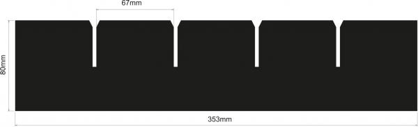 Das Bild zeigt eine schwarze, rechteckige Form mit einer Breite von 353 mm und einer Höhe von 60 mm. An der Oberkante sind fünf gleichmäßige Einschnitte, die 67 mm breit sind.