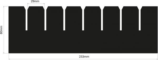Das Bild zeigt eine schwarze, rechteckige Form mit abwechselnden, gezackten Kanten. Die Maße sind 259 mm breit und 80 mm hoch, mit 25 mm breiten Zacken.