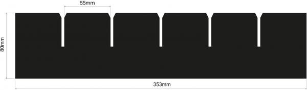 Das Bild zeigt eine schwarze, rechteckige Form mit ausgefrästen, gleichmäßigen Einkerbungen auf der Oberseite. Die Maße sind 35 cm in der Breite und 3 cm in der Höhe.