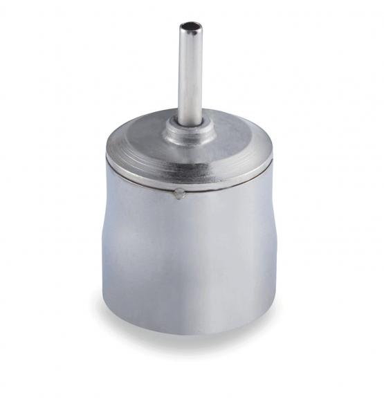 The image shows a shiny, silver container with a long, thin tube at the top. The container has a round, wide base and a narrower top opening.