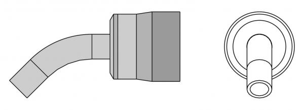 Das Bild zeigt zwei Teile eines Rohsystems. Links ist ein gebogenes Rohr mit einem zylindrischen Ende, rechts ein rundes Auslassventil mit einem inneren Zylinder.