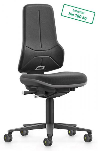 The office chair has a high backrest and a comfortable seat. It is black, has casters, and a mechanism for height adjustment. The construction is sturdy and supports up to 180 kg.