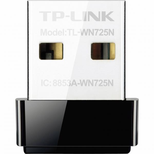 The image displays a small USB-WLAN adapter. It is primarily silver with a black base. On the front, there are two narrow openings and the model name TP-LINK.