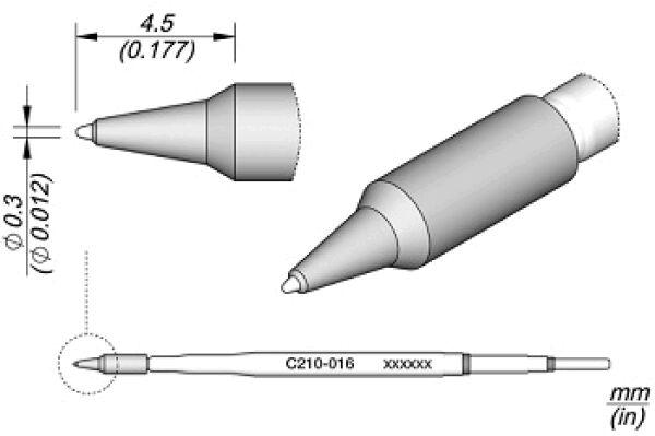 Das Bild zeigt einen Bleistift mit einer spitzen Mine. Oben sind verschiedene Ansichten (seitlich und oben) dargestellt. Dazu sind Maße in Millimeter und Zoll angegeben.