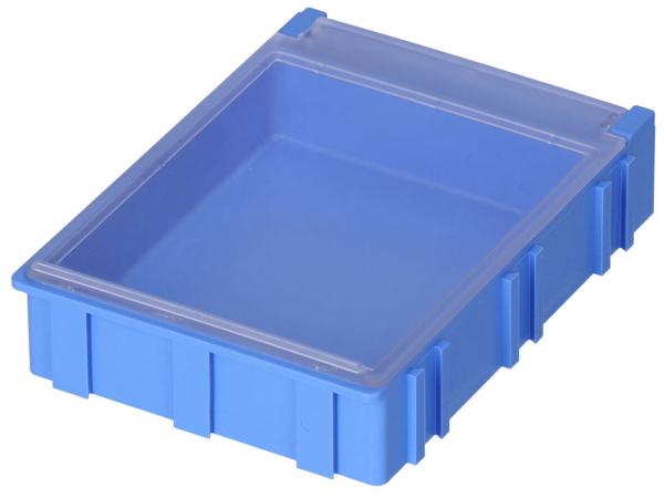 Es handelt sich um eine rechteckige, flache Box aus blauem Kunststoff. Sie hat einen durchsichtigen Deckel und eine strukturierte Oberfläche. Ideal zum Aufbewahren von Kleinteilen.