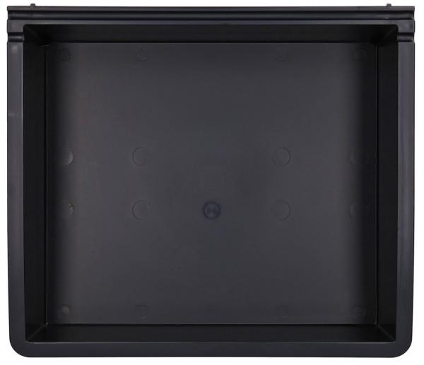 The image shows a square, flat case or box made of black plastic. The surface is smooth, and the edges are slightly rounded. The inside is also black.