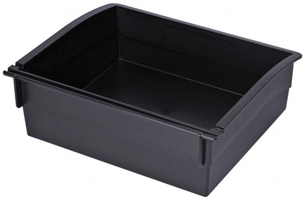 It is a rectangular, flat box made of black plastic. It has a slightly curved top edge and is open, without a lid. The walls are sturdy and the corners are rounded.