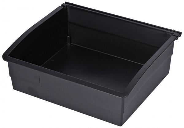 It is a black, rectangular plastic box without a lid. It has a high, curved front and flat sides, ideal for storage or transport.
