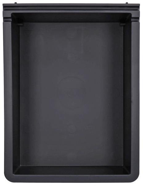 The image shows a rectangular container made of black material. It has tall, straight sides and an open top. The bottom is flat and gray, the interior surface appears smooth.