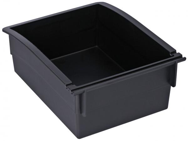 The image shows a black, rectangular plastic box. It has an open top and a slightly outward-curved front edge. The walls are sturdy and the bottom is flat.