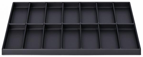 The image displays a black storage unit with several compartments of equal size. There are a total of 16 compartments, arranged in four rows and four columns.
