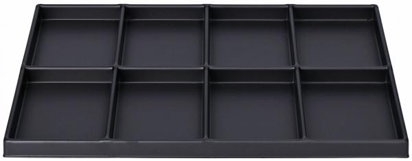 The image shows a black shelf with nine rectangular compartments that are evenly arranged. Each compartment is the same size and provides space for various items.