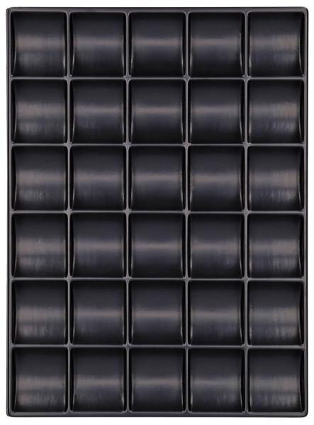 The image displays a rectangular grid with 36 identical black cups or containers, arranged in 6 rows and 6 columns. The surface is smooth and glossy.